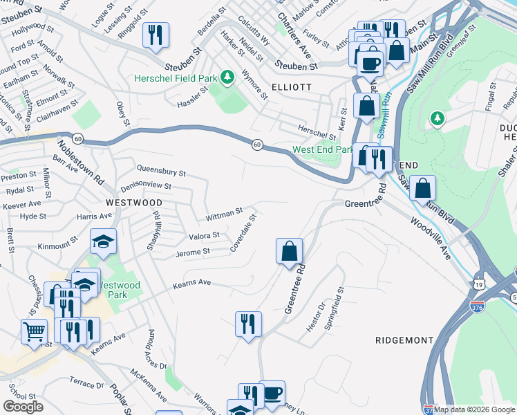 map of restaurants, bars, coffee shops, grocery stores, and more near 1001 Coverdale Street in Pittsburgh