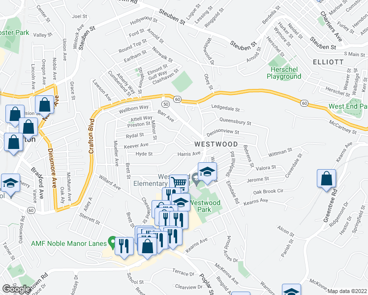 map of restaurants, bars, coffee shops, grocery stores, and more near 1307 Kinmount Street in Pittsburgh