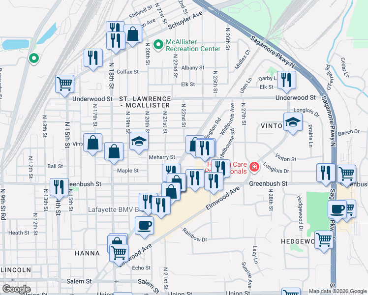 map of restaurants, bars, coffee shops, grocery stores, and more near 1701-1741 Erie St in Lafayette