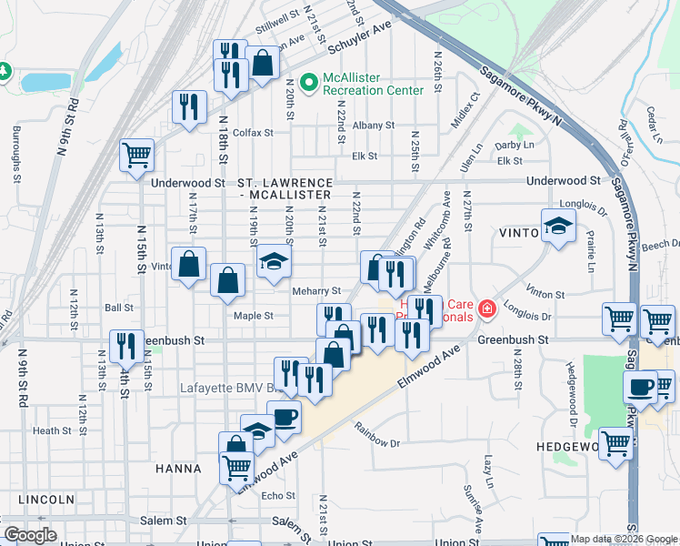 map of restaurants, bars, coffee shops, grocery stores, and more near 2110 Meharry Street in Lafayette