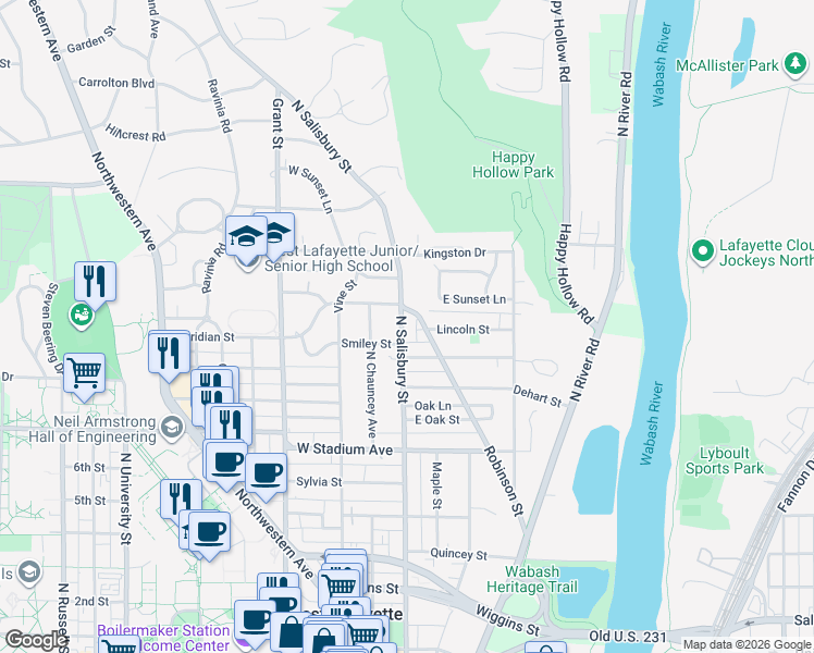 map of restaurants, bars, coffee shops, grocery stores, and more near 850 North Salisbury Street in West Lafayette