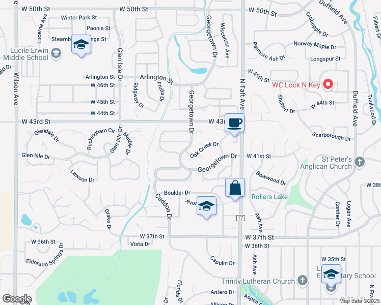 map of restaurants, bars, coffee shops, grocery stores, and more near 1679 Oak Creek Drive in Loveland