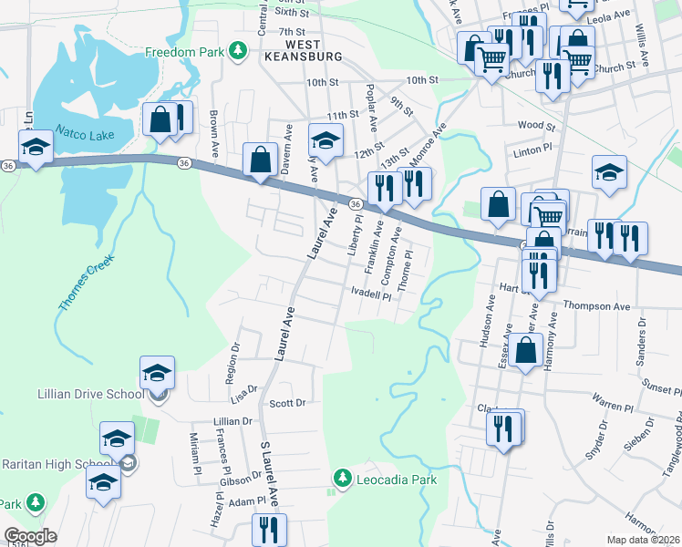 map of restaurants, bars, coffee shops, grocery stores, and more near 86 Liberty Place in Keansburg