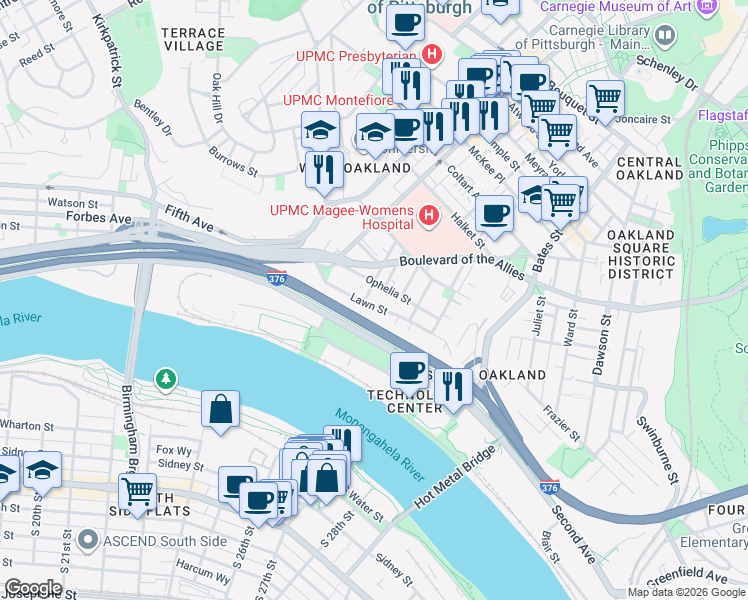 map of restaurants, bars, coffee shops, grocery stores, and more near 311 Lawn Street in Pittsburgh