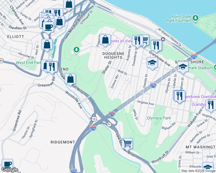 map of restaurants, bars, coffee shops, grocery stores, and more near 1543 Wilmar Street in Pittsburgh