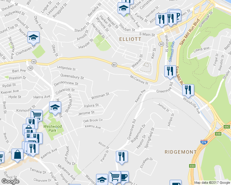 map of restaurants, bars, coffee shops, grocery stores, and more near 1001 Coverdale Street in Pittsburgh