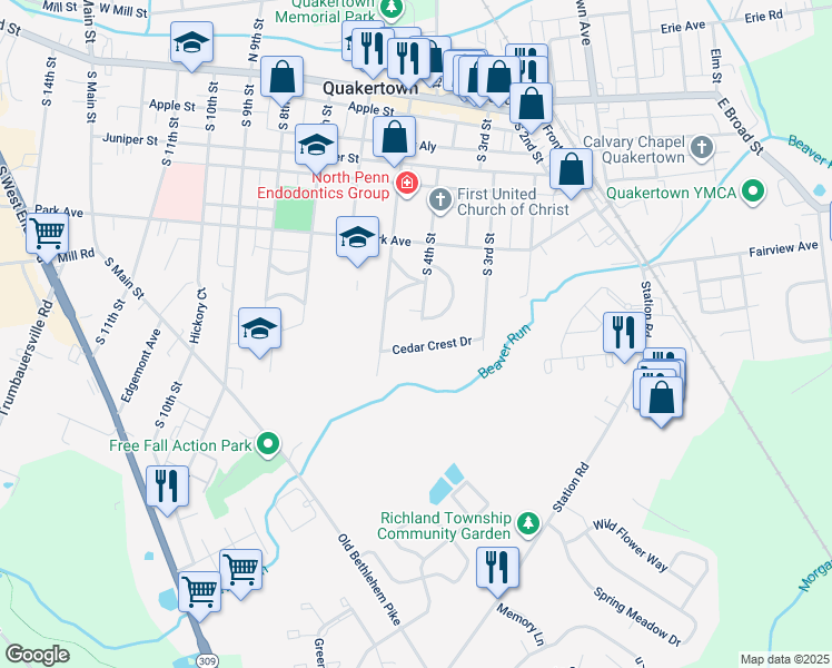map of restaurants, bars, coffee shops, grocery stores, and more near 401 Cedar Crest Drive in Quakertown