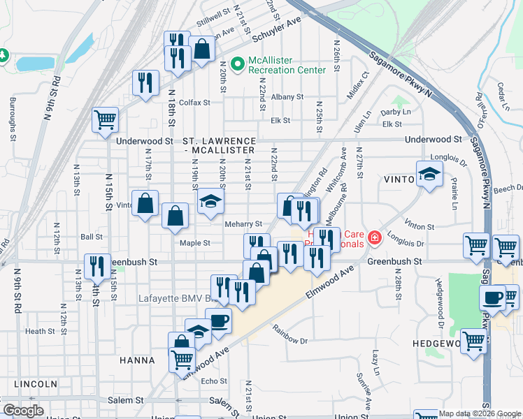 map of restaurants, bars, coffee shops, grocery stores, and more near 2110 Meharry Street in Lafayette