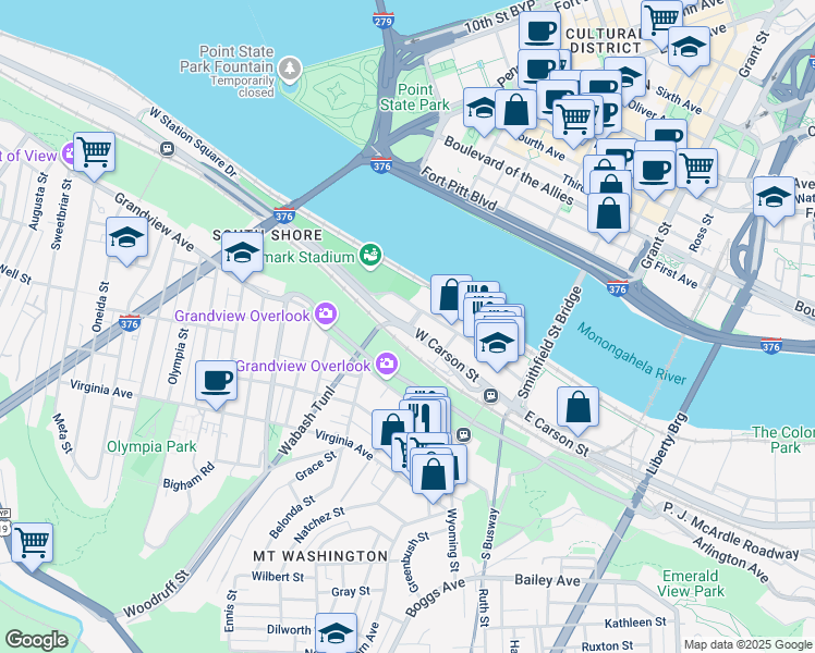 map of restaurants, bars, coffee shops, grocery stores, and more near 293 West Carson Street in Pittsburgh
