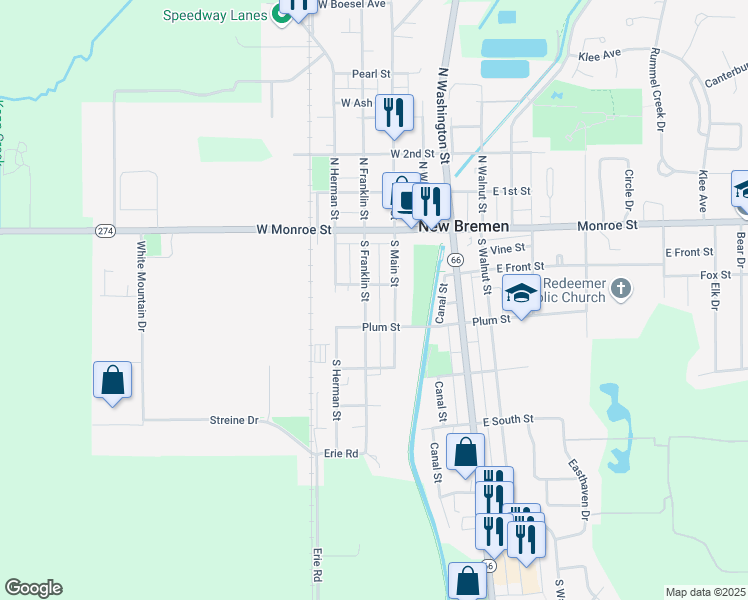 map of restaurants, bars, coffee shops, grocery stores, and more near 110 South Franklin Street in New Bremen