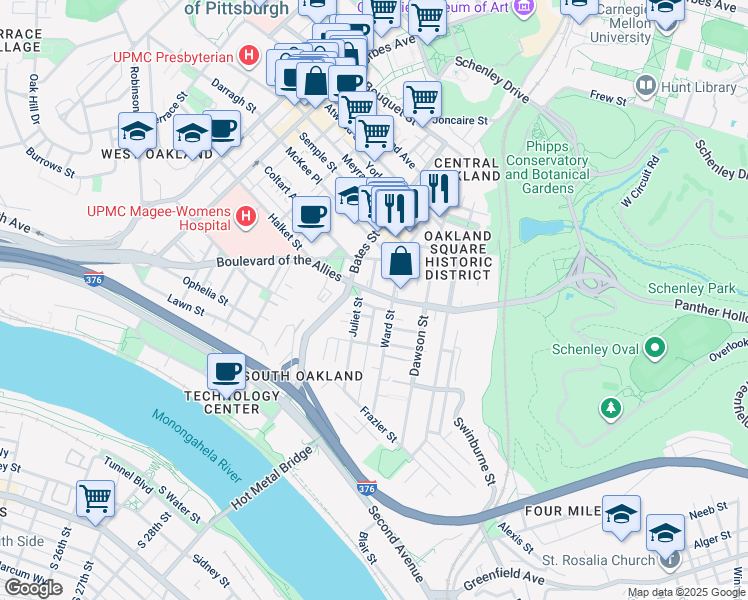 map of restaurants, bars, coffee shops, grocery stores, and more near 3326 Juliet Street in Pittsburgh