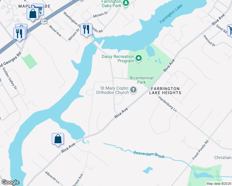 map of restaurants, bars, coffee shops, grocery stores, and more near 14 Hickory Drive in East Brunswick