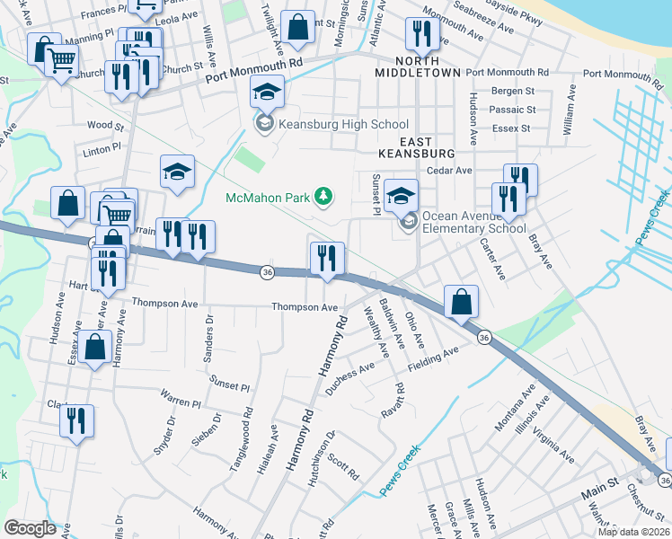 map of restaurants, bars, coffee shops, grocery stores, and more near 170 County Route 36 in Monmouth County