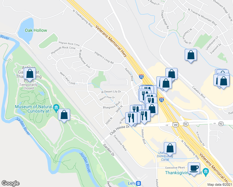 map of restaurants, bars, coffee shops, grocery stores, and more near 3802 West Prairie Grass Drive in Lehi