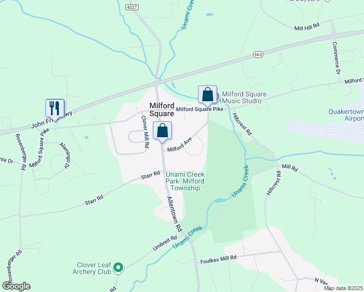 map of restaurants, bars, coffee shops, grocery stores, and more near 2160 Milford Avenue in Quakertown