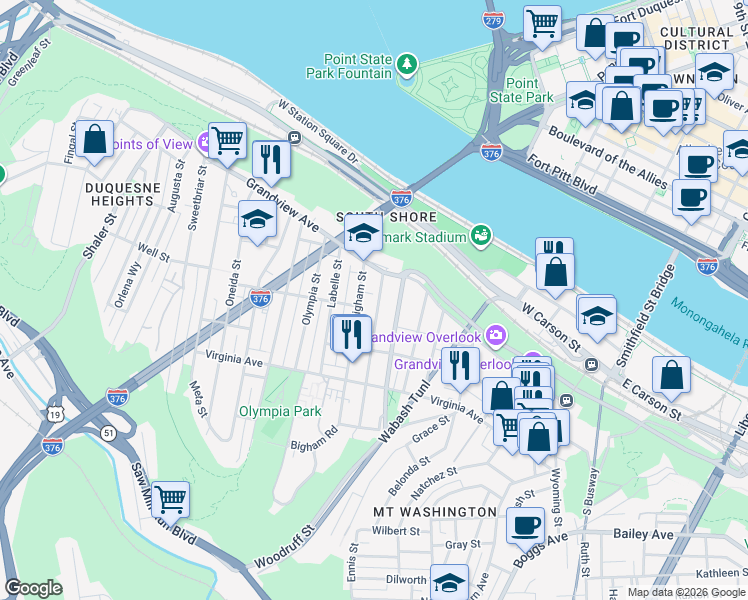 map of restaurants, bars, coffee shops, grocery stores, and more near 211 Bigham Street in Pittsburgh