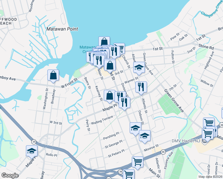 map of restaurants, bars, coffee shops, grocery stores, and more near 92 Main Street in Keyport