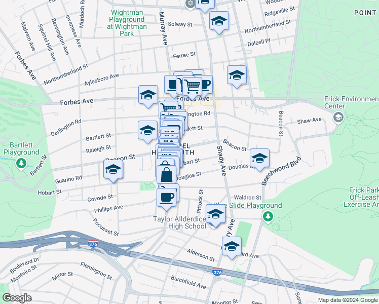 map of restaurants, bars, coffee shops, grocery stores, and more near 5837 Hobart Street in Pittsburgh