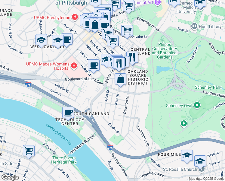map of restaurants, bars, coffee shops, grocery stores, and more near 3326 Juliet Street in Pittsburgh