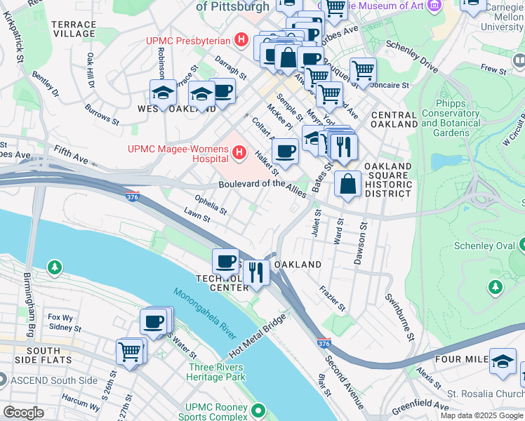 map of restaurants, bars, coffee shops, grocery stores, and more near 22 Mackey Street in Pittsburgh