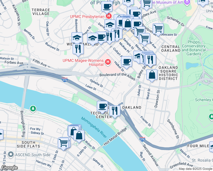 map of restaurants, bars, coffee shops, grocery stores, and more near 3201 Niagara Street in Pittsburgh