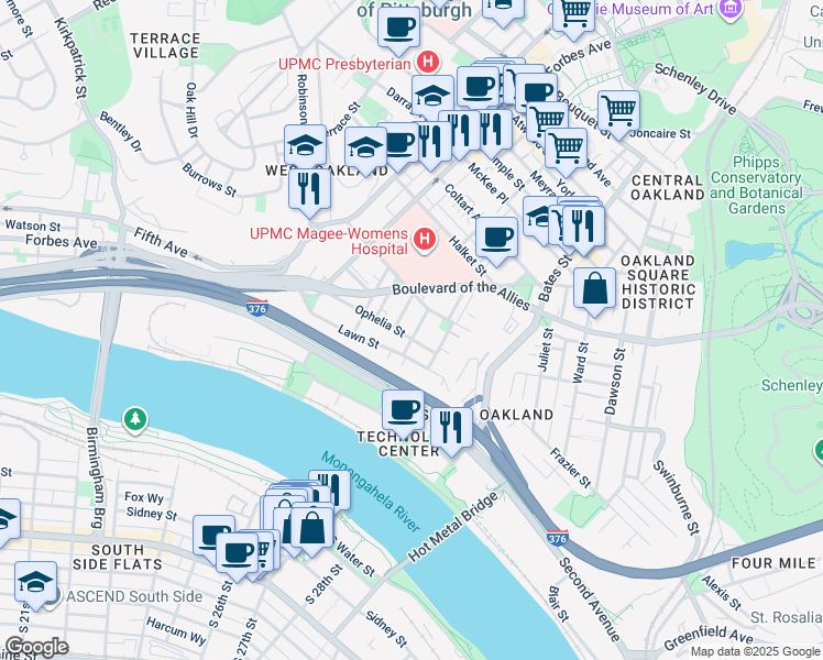 map of restaurants, bars, coffee shops, grocery stores, and more near 3101 Kennett Square in Pittsburgh