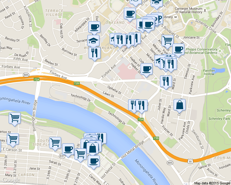 map of restaurants, bars, coffee shops, grocery stores, and more near 3101 Kennett Square in Pittsburgh