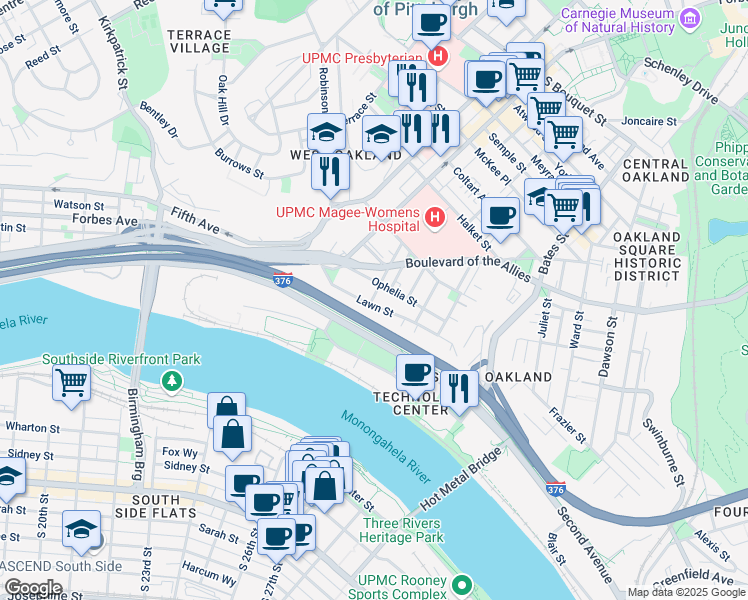 map of restaurants, bars, coffee shops, grocery stores, and more near 315 Lawn Street in Pittsburgh