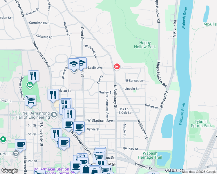 map of restaurants, bars, coffee shops, grocery stores, and more near 902 North Chauncey Avenue in West Lafayette