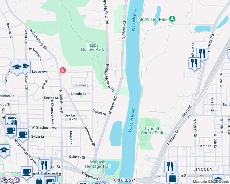 map of restaurants, bars, coffee shops, grocery stores, and more near 1007 Happy Hollow Road in West Lafayette