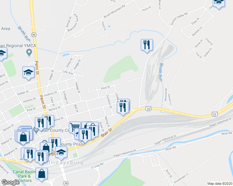 map of restaurants, bars, coffee shops, grocery stores, and more near 1500 Spruce Street in Hollidaysburg