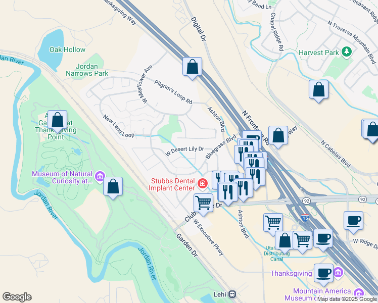 map of restaurants, bars, coffee shops, grocery stores, and more near 3181 North Desert Lily Drive in Lehi