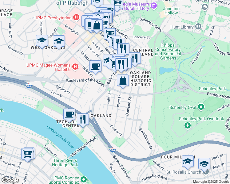 map of restaurants, bars, coffee shops, grocery stores, and more near 3326 Juliet Street in Pittsburgh