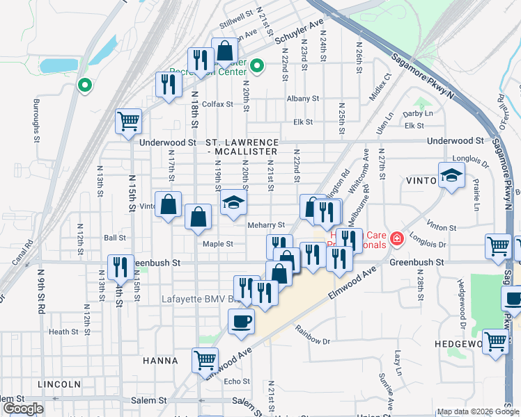 map of restaurants, bars, coffee shops, grocery stores, and more near 2004 Meharry Street in Lafayette