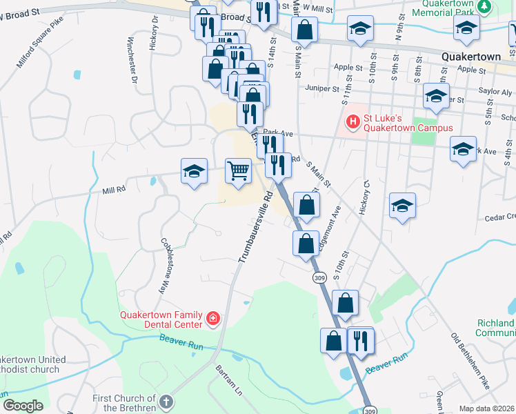 map of restaurants, bars, coffee shops, grocery stores, and more near 86 Trumbauersville Road in Quakertown