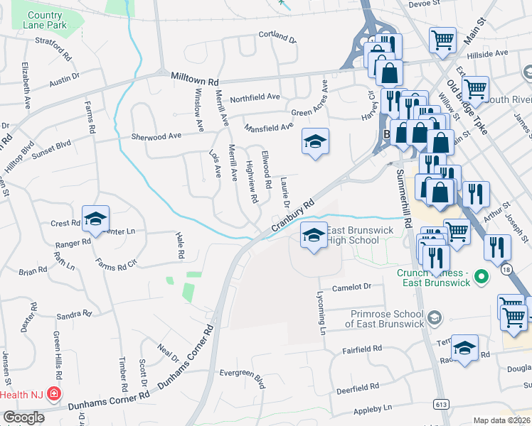 map of restaurants, bars, coffee shops, grocery stores, and more near 83 Merrill Avenue in East Brunswick