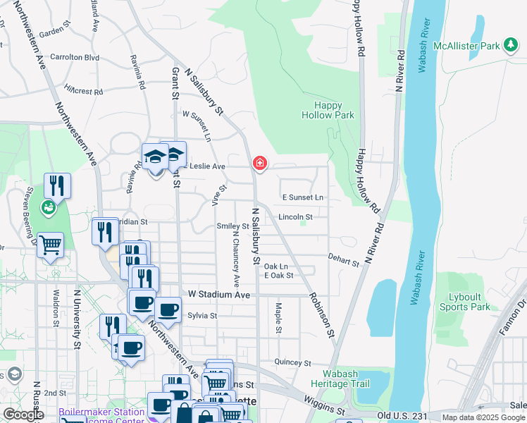 map of restaurants, bars, coffee shops, grocery stores, and more near 933 Robinson Street in West Lafayette