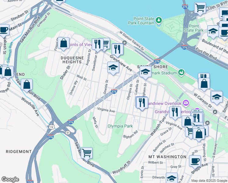 map of restaurants, bars, coffee shops, grocery stores, and more near Fort Pitt Tunnel in Pittsburgh