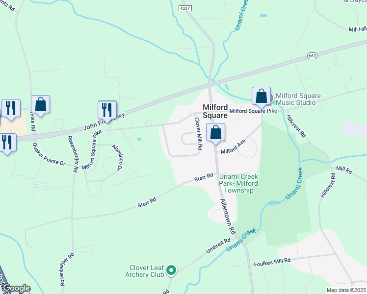 map of restaurants, bars, coffee shops, grocery stores, and more near 2144 Mill Valley Lane in Quakertown