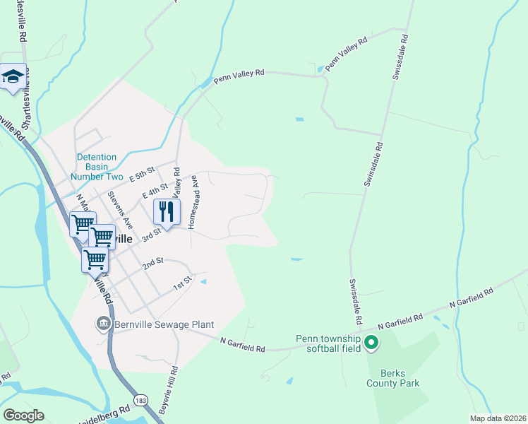 map of restaurants, bars, coffee shops, grocery stores, and more near 448 East 3rd Street in Bernville