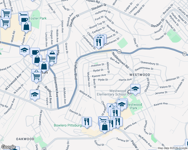 map of restaurants, bars, coffee shops, grocery stores, and more near 143 Hyde Street in Pittsburgh