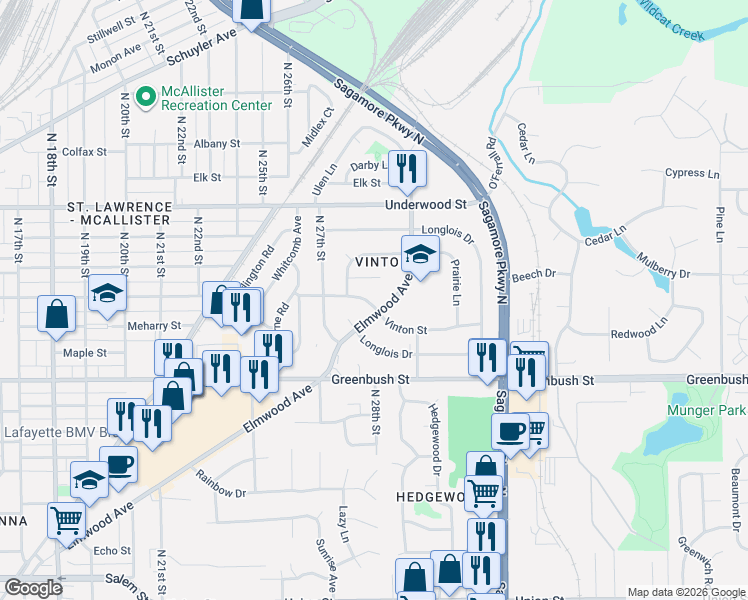 map of restaurants, bars, coffee shops, grocery stores, and more near 2807 Vinton Street in Lafayette