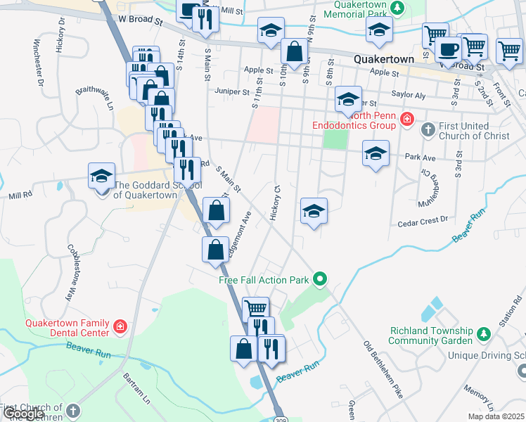 map of restaurants, bars, coffee shops, grocery stores, and more near 423 South Main Street in Quakertown