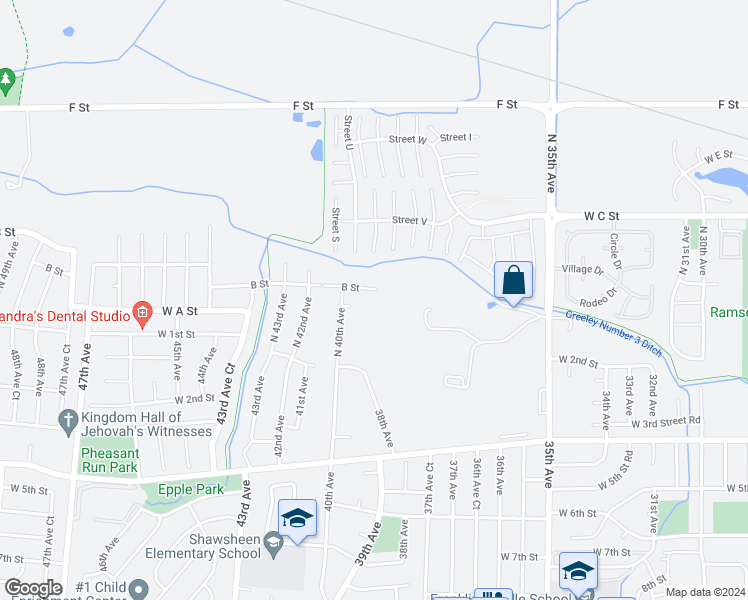 map of restaurants, bars, coffee shops, grocery stores, and more near 3914 B Street in Greeley