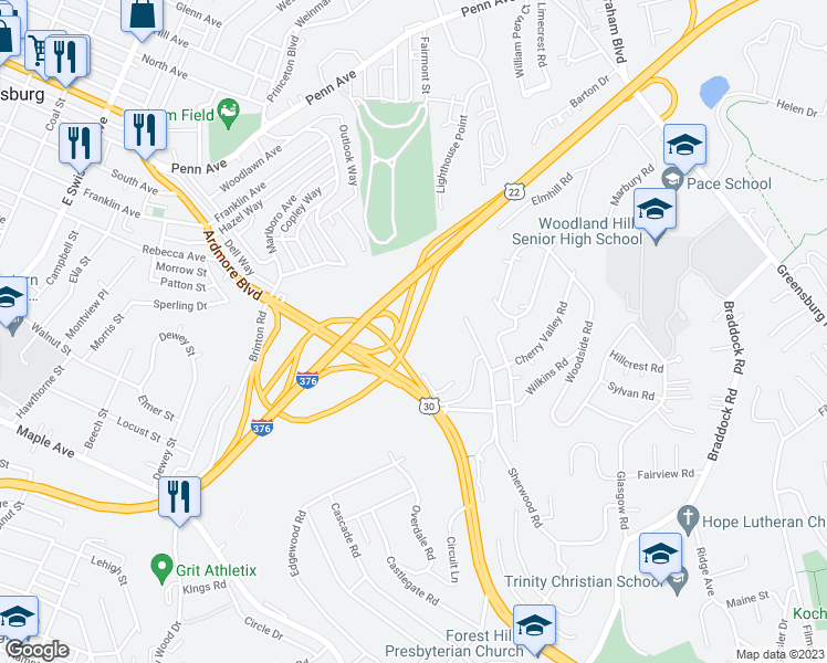 map of restaurants, bars, coffee shops, grocery stores, and more near 100 Bryn Mawr Court in Pittsburgh