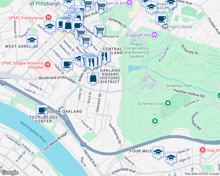 map of restaurants, bars, coffee shops, grocery stores, and more near in Pittsburgh
