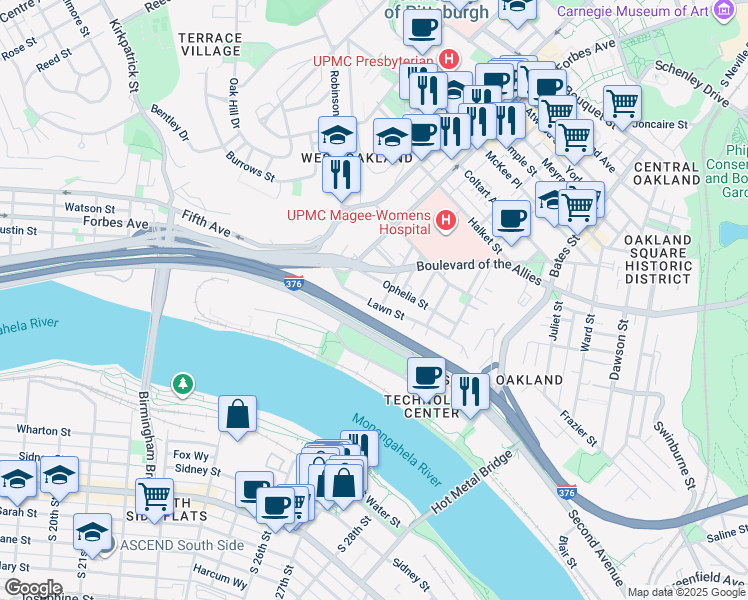map of restaurants, bars, coffee shops, grocery stores, and more near 315 Lawn Street in Pittsburgh