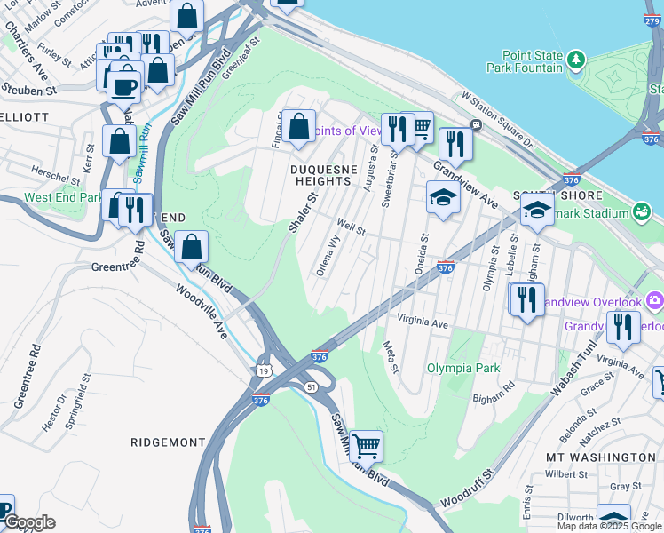 map of restaurants, bars, coffee shops, grocery stores, and more near 504 Augusta Street in Pittsburgh
