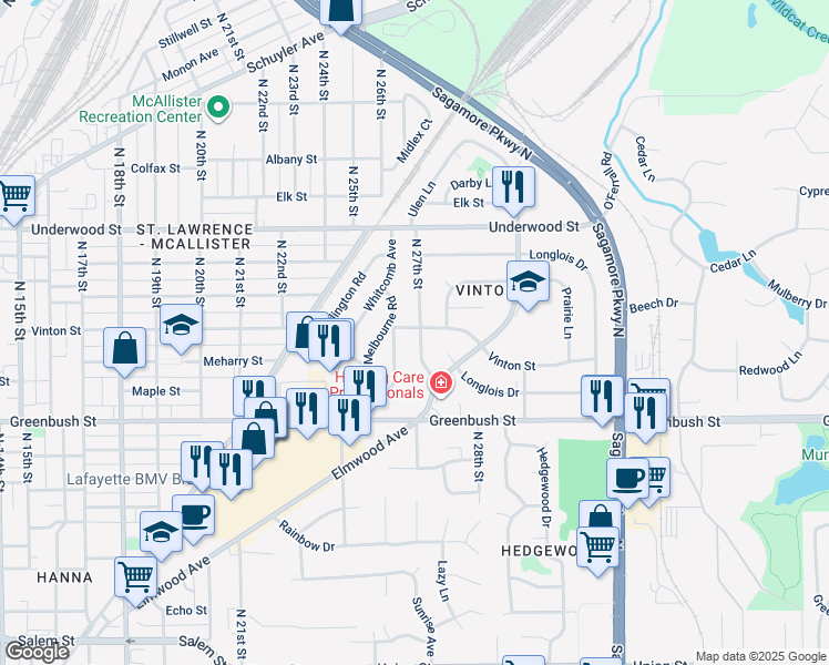 map of restaurants, bars, coffee shops, grocery stores, and more near 1701 Dearborn St in Lafayette