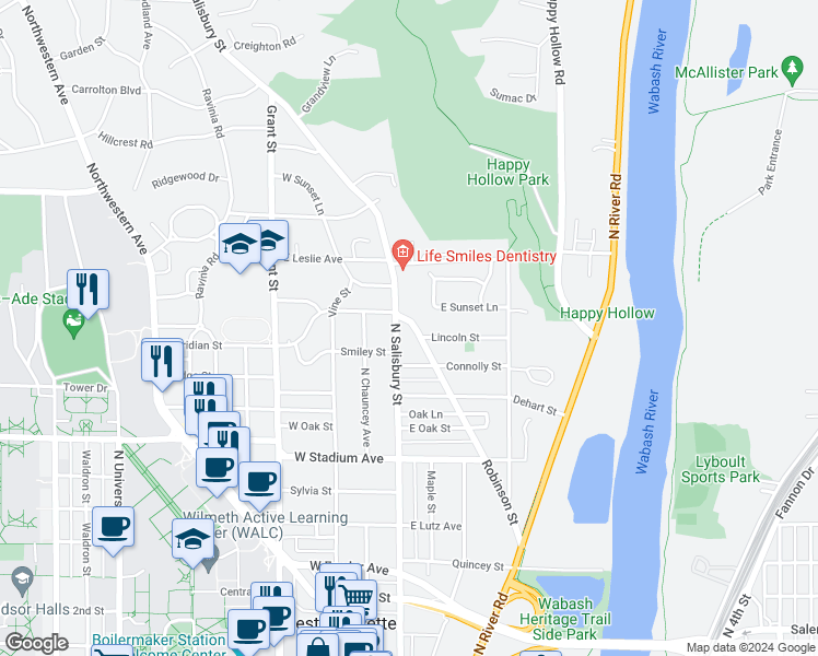 map of restaurants, bars, coffee shops, grocery stores, and more near 850 North Salisbury Street in West Lafayette